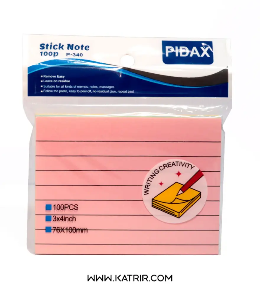 یادداشت چسبدار پیداکس ( Pidax ) مدل خط دار 4 رنگ ، سایز 76*100 میلی متر ، کد 340 (صورتی)