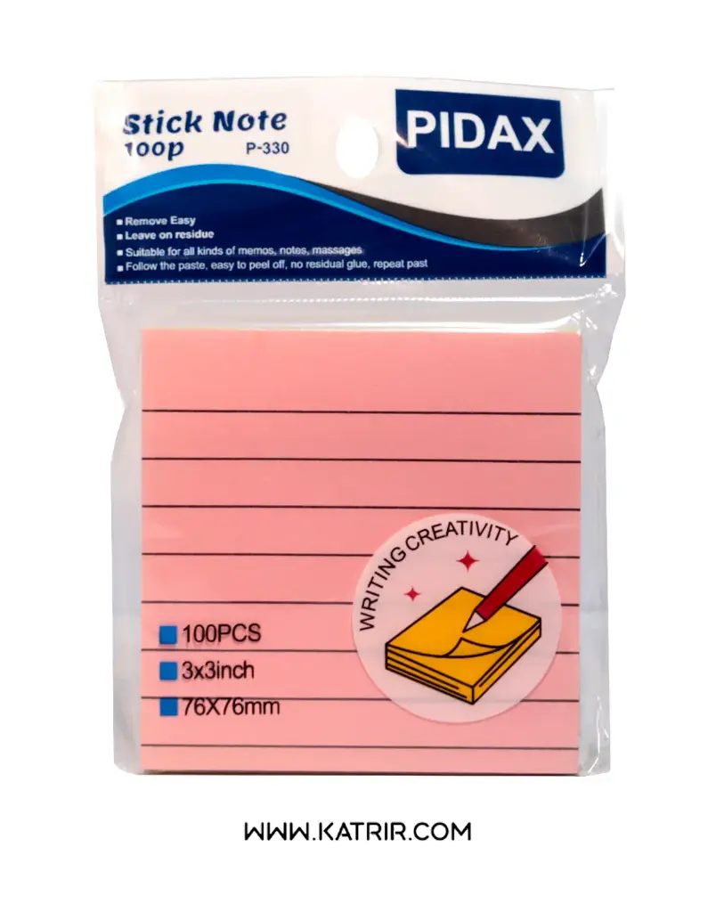 یادداشت چسبدار پیداکس ( Pidax ) مدل خط دار 4 رنگ ، سایز 76*76 میلی متر ، کد 330 (صورتی)
